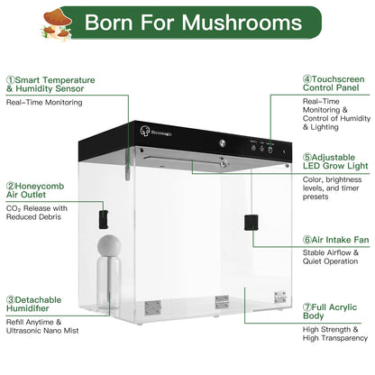 Smart Mushroom Growing Kit for Indoor Use, Automatic Humidity&Light Control, Mushroom Grow Box with Fresh Air Exchange System, Grow Gourmet&Functional Mushrooms at Home, Monotub Compatible
