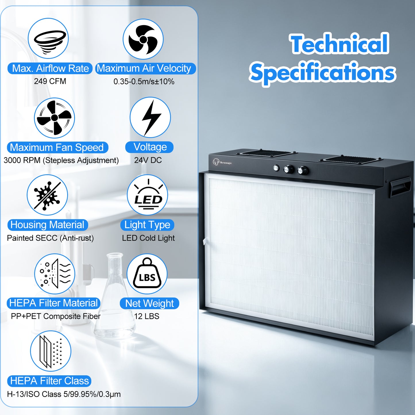 Laminar Flow Hood with H13 HEPA Filter | Clean Bench for Mycology, Mushroom Cultivation & Lab Use