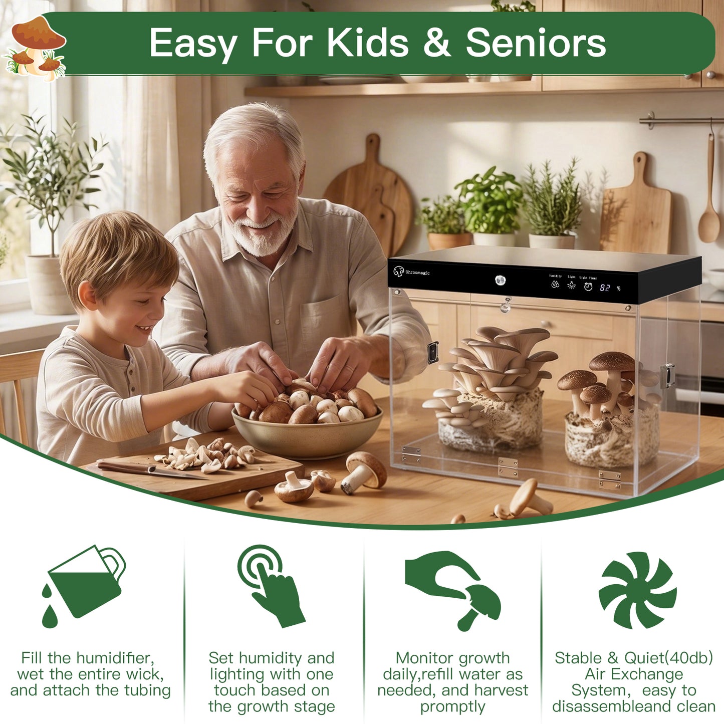 Smart Mushroom Growing Kit for Indoor Use, Automatic Humidity&Light Control, Mushroom Grow Box with Fresh Air Exchange System, Grow Gourmet&Functional Mushrooms at Home, Monotub Compatible